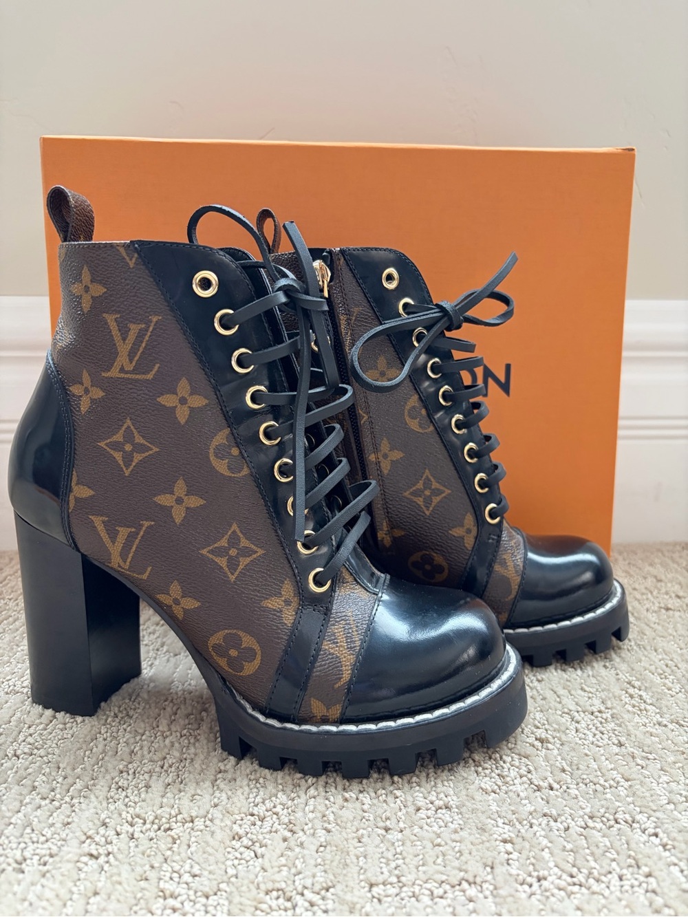 Louis Vuitton Brown & Black Monogram Platform Lace-Up Ankle Boots